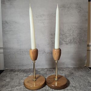 Vintage Pair of MCM Style Oregon Myrtle Wood Brass Taper Candle Holders